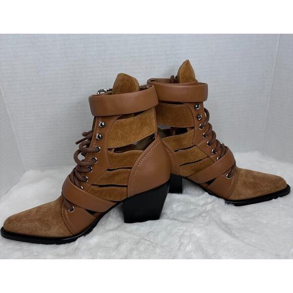 Chloe Rylee Brown Leather and Suede Booties Women's Size EU 36.5 Lace Up Cutout - Picture 3 of 16